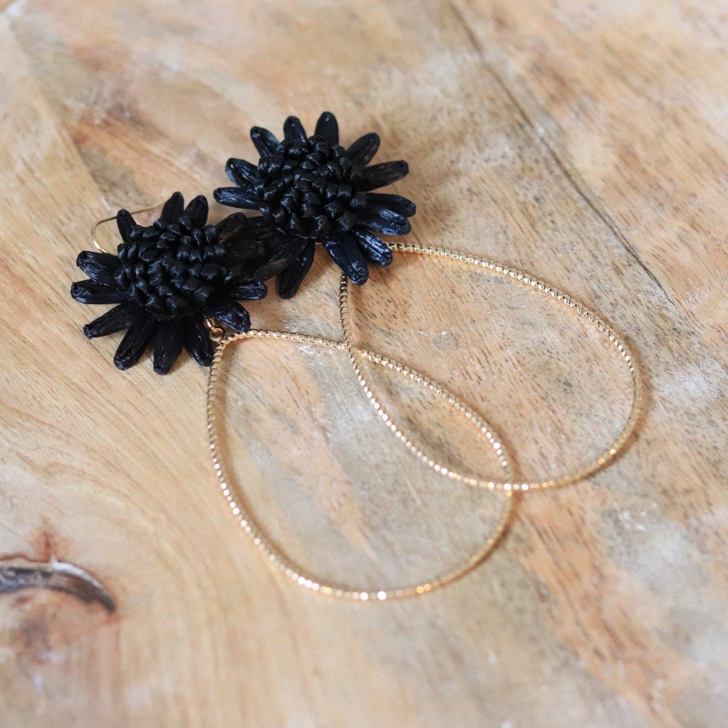 Black Raffia Flower Teardrop Earrings