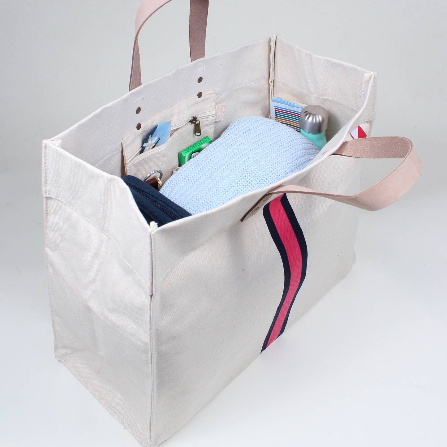 Striped Box Heavy Canvas Tote Bag with Leather Handles
