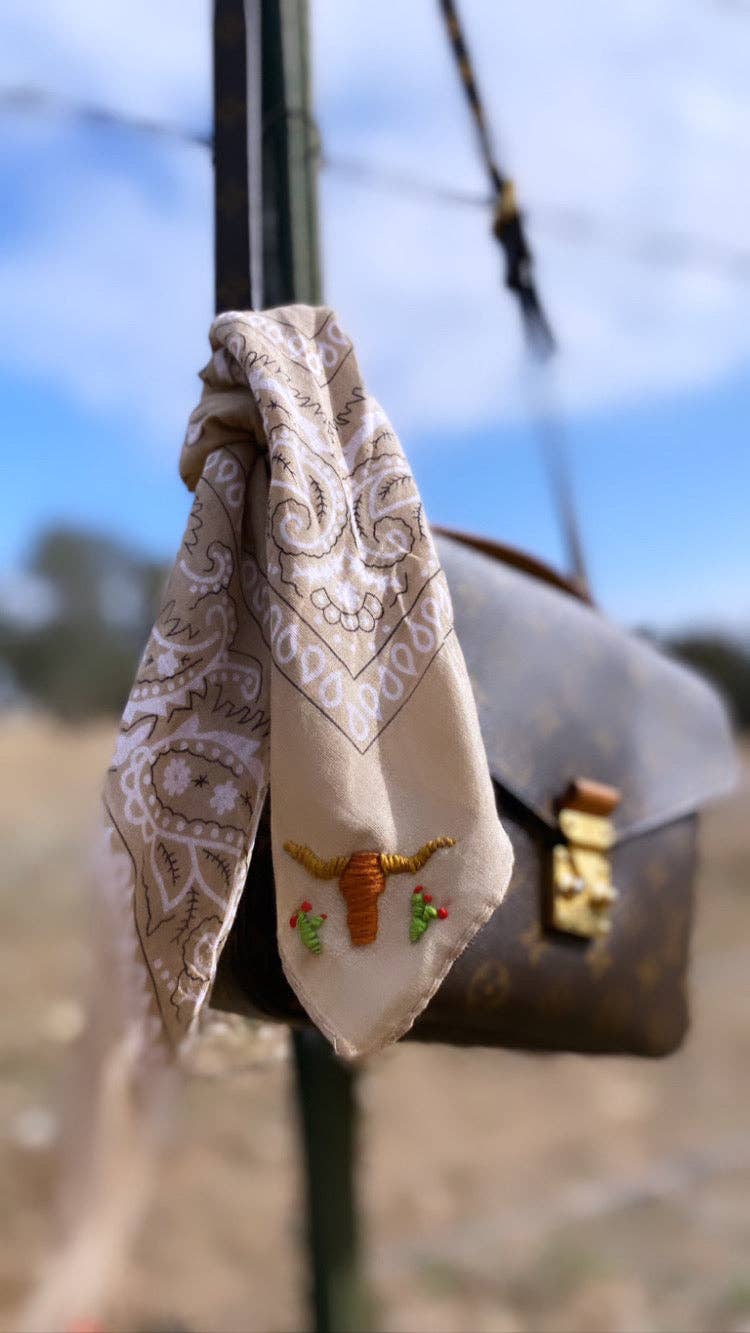 Embroidered Cattle Call Bandana- longhorn and Heart