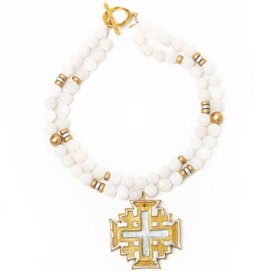 Hidden Truth Jewelry - White Fire Agate Double Strand with Silver & Gold Jerusalem