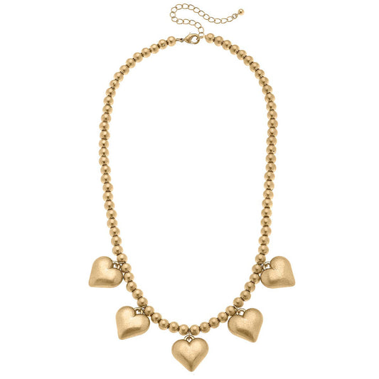 Maggie Puffy Heart & Ball Bead Necklace in Worn Gold