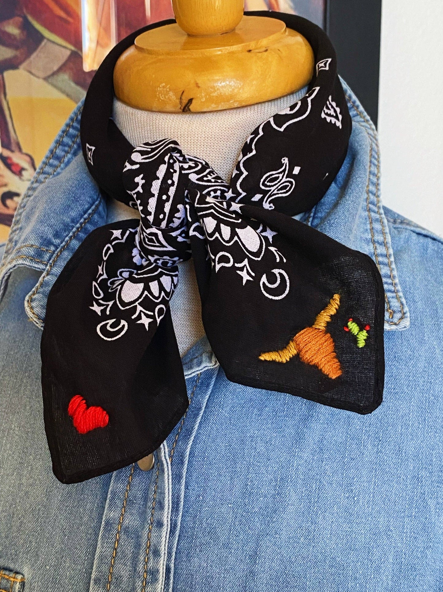 Embroidered Cattle Call Bandana- longhorn and Heart