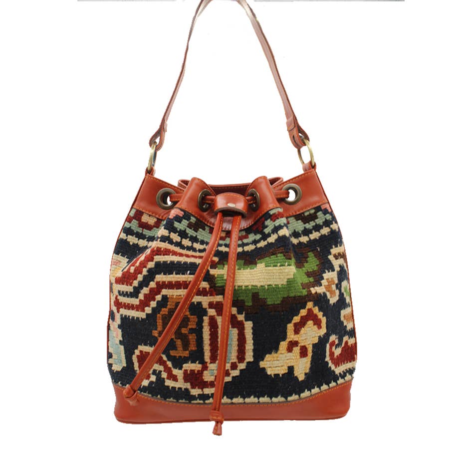 Vintage Rug and Leather Bucket Bag No.1