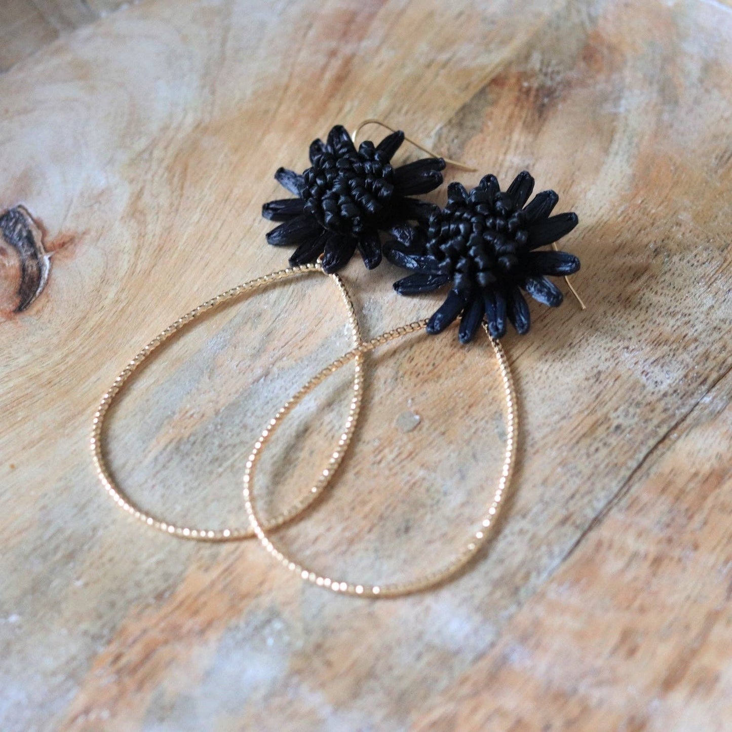 Black Raffia Flower Teardrop Earrings