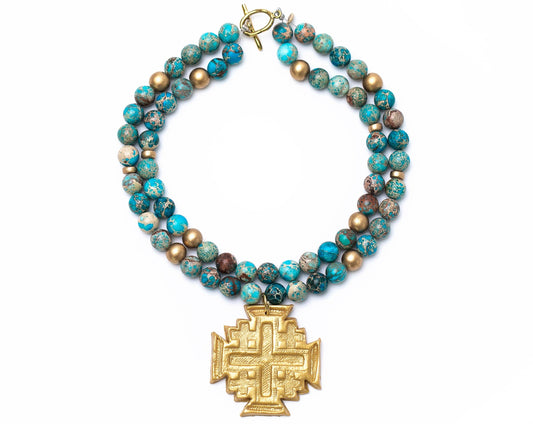 Double Strand Turquoise Sea Sediment Jasper with Jerusalem Cross Necklace