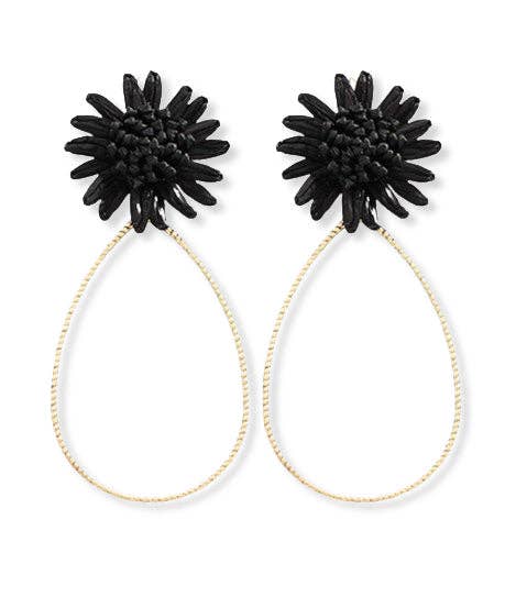 Black Raffia Flower Teardrop Earrings