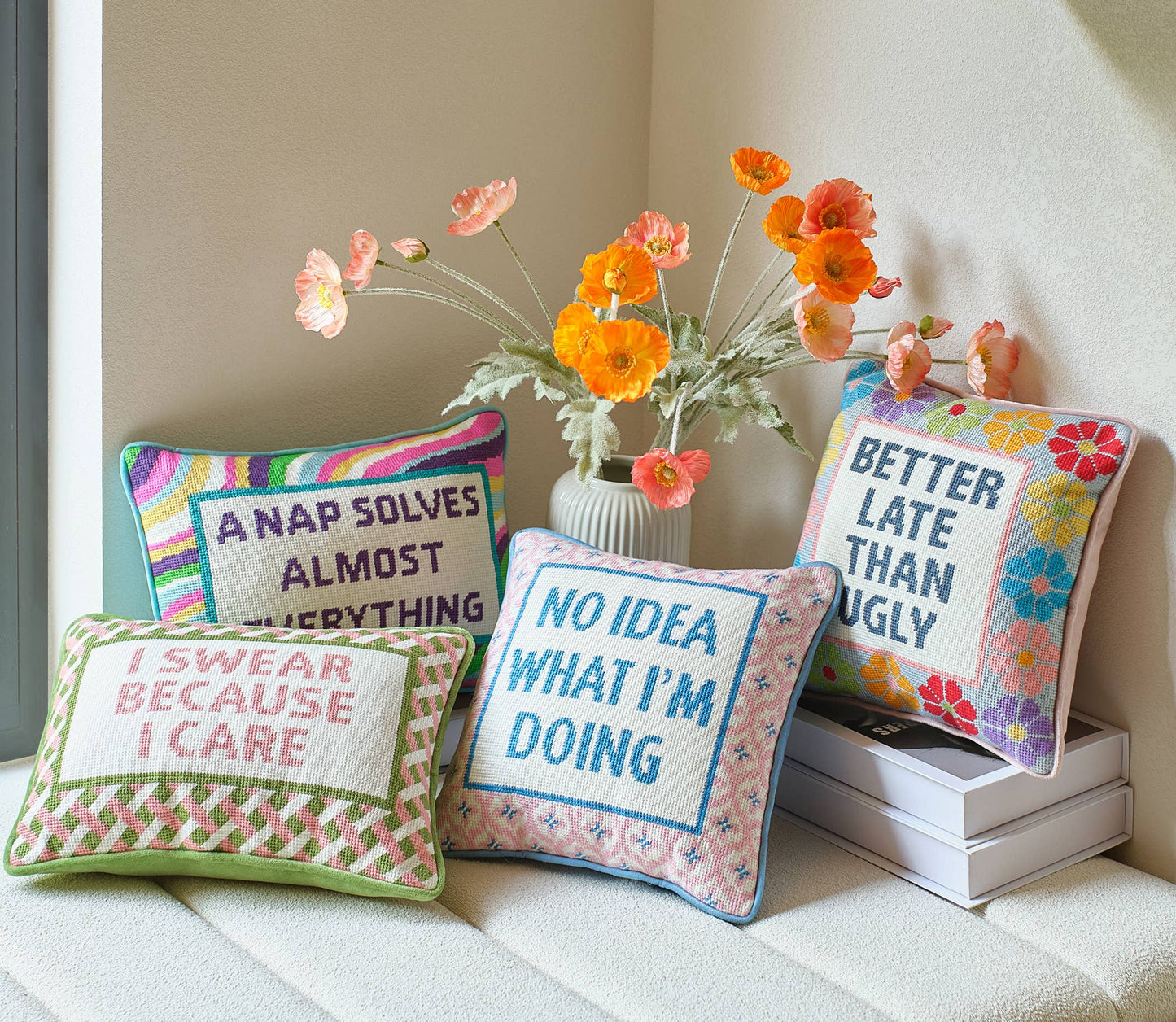 Better Late Than Ugly Embroidered Needlepoint Style Pillow