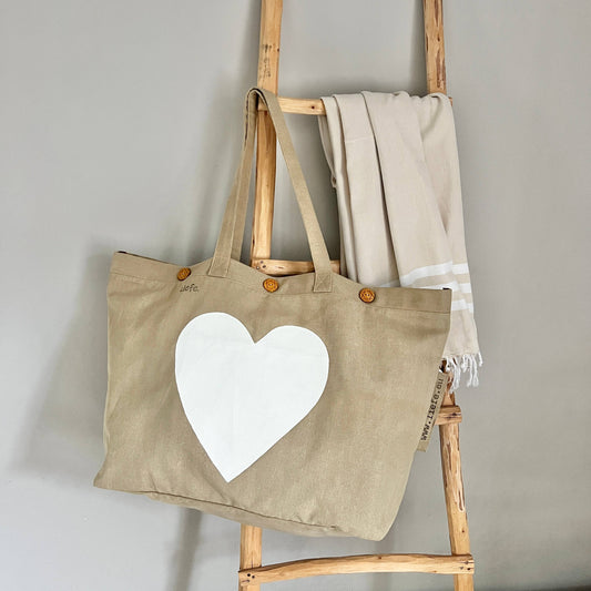 Hand Painted Heart Canvas Beach Bag